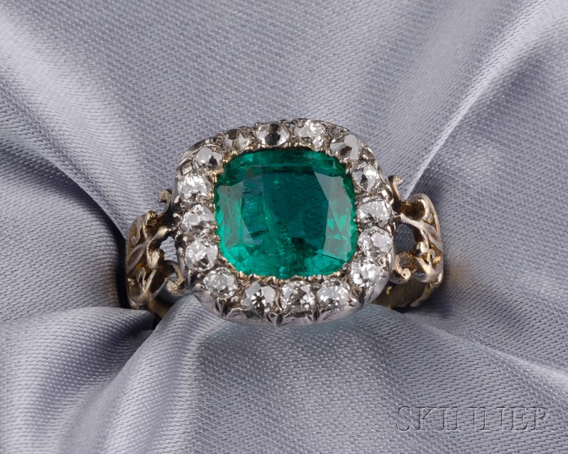 Appraisal: Antique Emerald and Diamond Ring set with a cushion-cut emerald