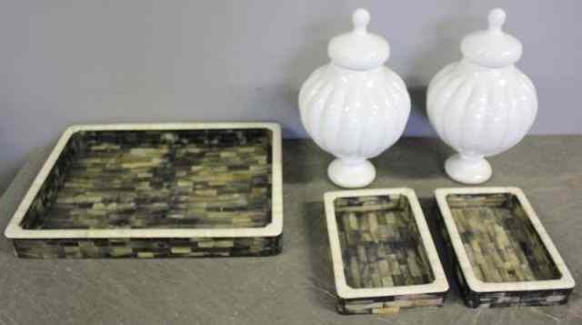 Appraisal: Decorative Lot Including Bone Veneered Trays anda Pair of Blown