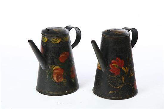 Appraisal: TWO TOLE COFFEE POTS American mid th century tin Conical