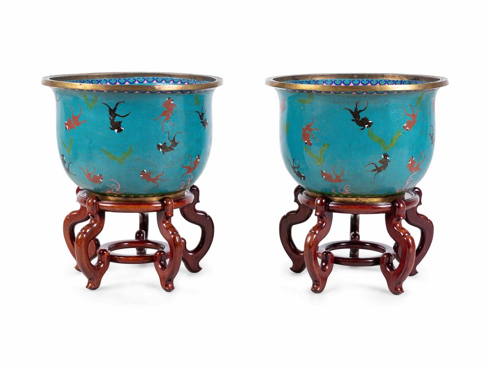 Appraisal: A Pair of Chinese Cloisonne Fish Bowls and Stands A