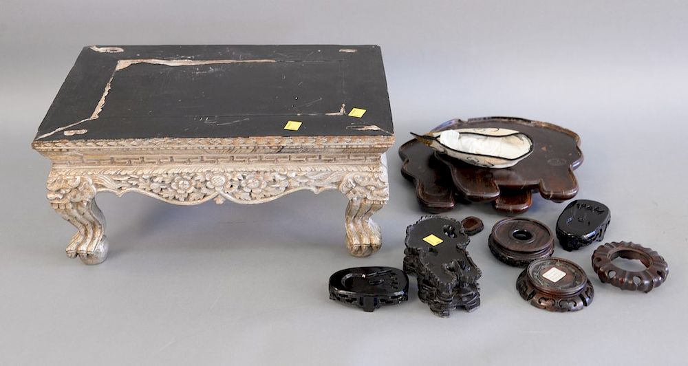 Appraisal: Tray lot of carved oriental stands and a silk embroidered