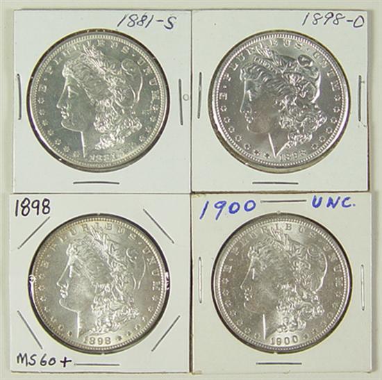 Appraisal: Four Uncirculated Morgan Dollars -S P-L qualities -O and Nice