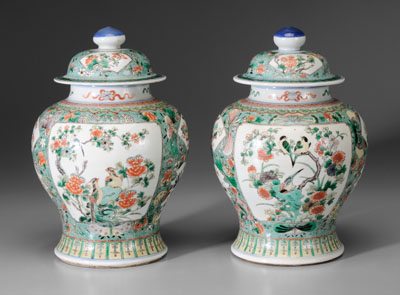 Appraisal: Pair Famille Verte Porcelain Lidded Jars Chinese th century shaped