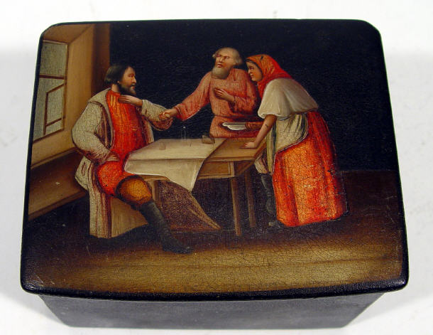 Appraisal: Russian papier mache box painted with figures at a table