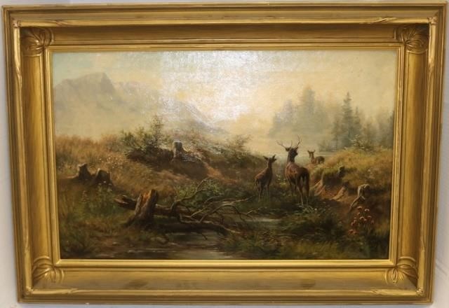 Appraisal: TH CENTURY OIL ON CANVAS DEPICTING AMID-WESTERN LANDSCAPE WITH DEER