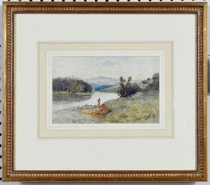 Appraisal: Tom Scott Scottish - Fisherman on a River signed lower