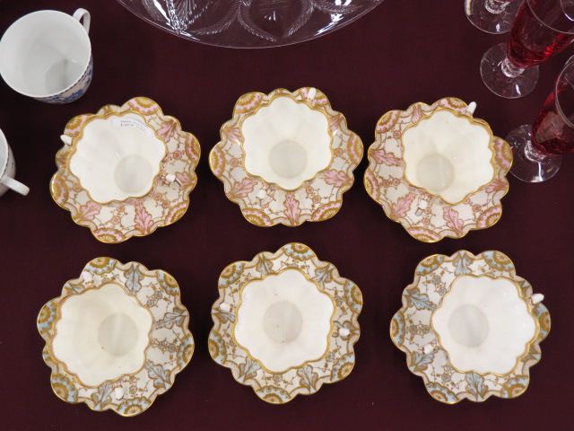 Appraisal: English China Cream Soups Underplates pink blue examples with elaborate