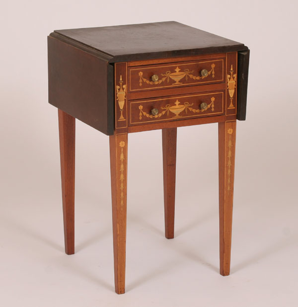 Appraisal: Handcrafted two drawer marquetry stand walnut and mahogany veneers two