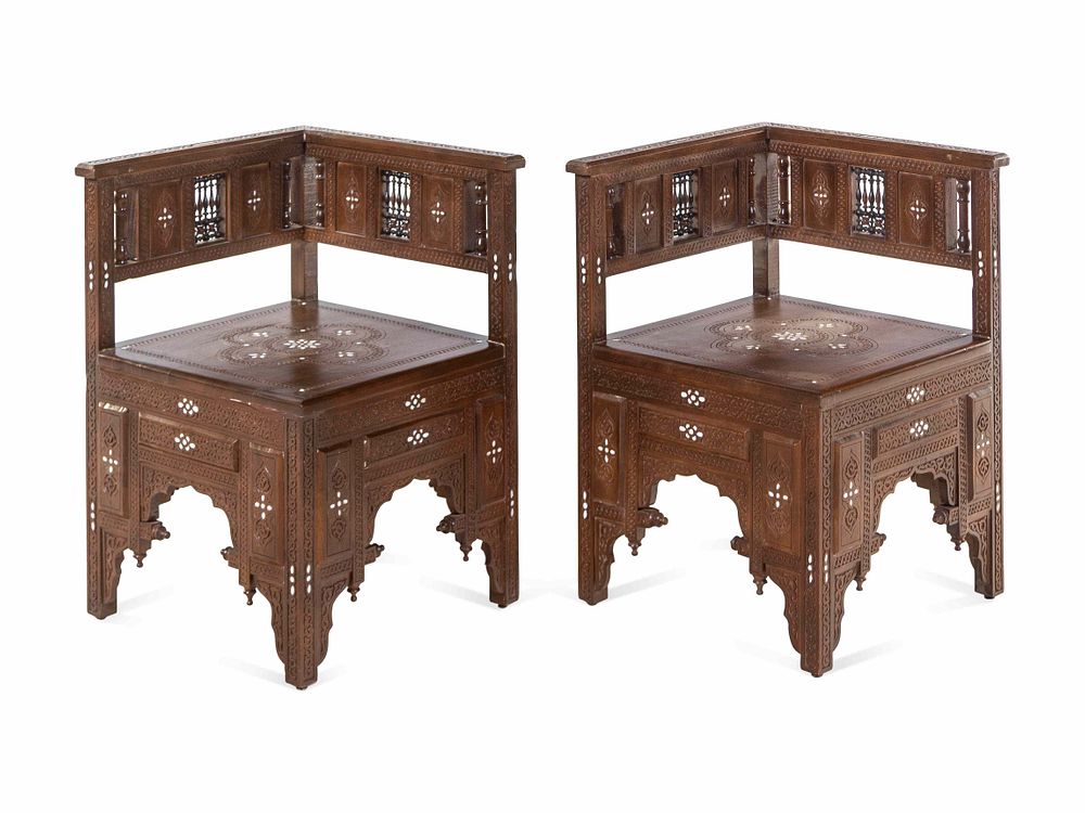 Appraisal: A Pair of Syrian Mother-of-Pearl Inlaid Walnut Corner Chairs A