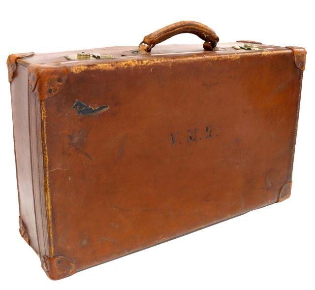 Appraisal: English leather hardsided suitcase trunk c stamped initials V M