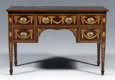 Appraisal: Hepplewhite style inlaid writing desk figured mahogany five dovetailed drawers