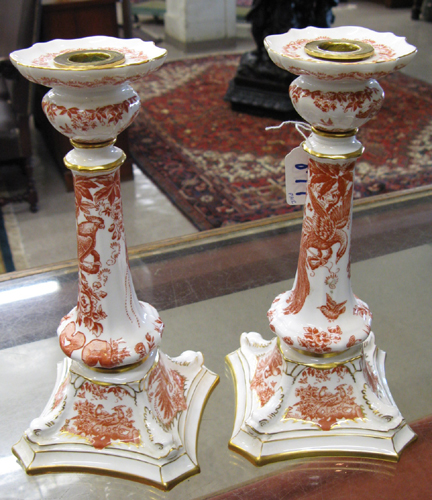 Appraisal: PAIR OF ROYAL CROWN DERBY PORCELAIN CANDLESTICKS Red Aves pattern