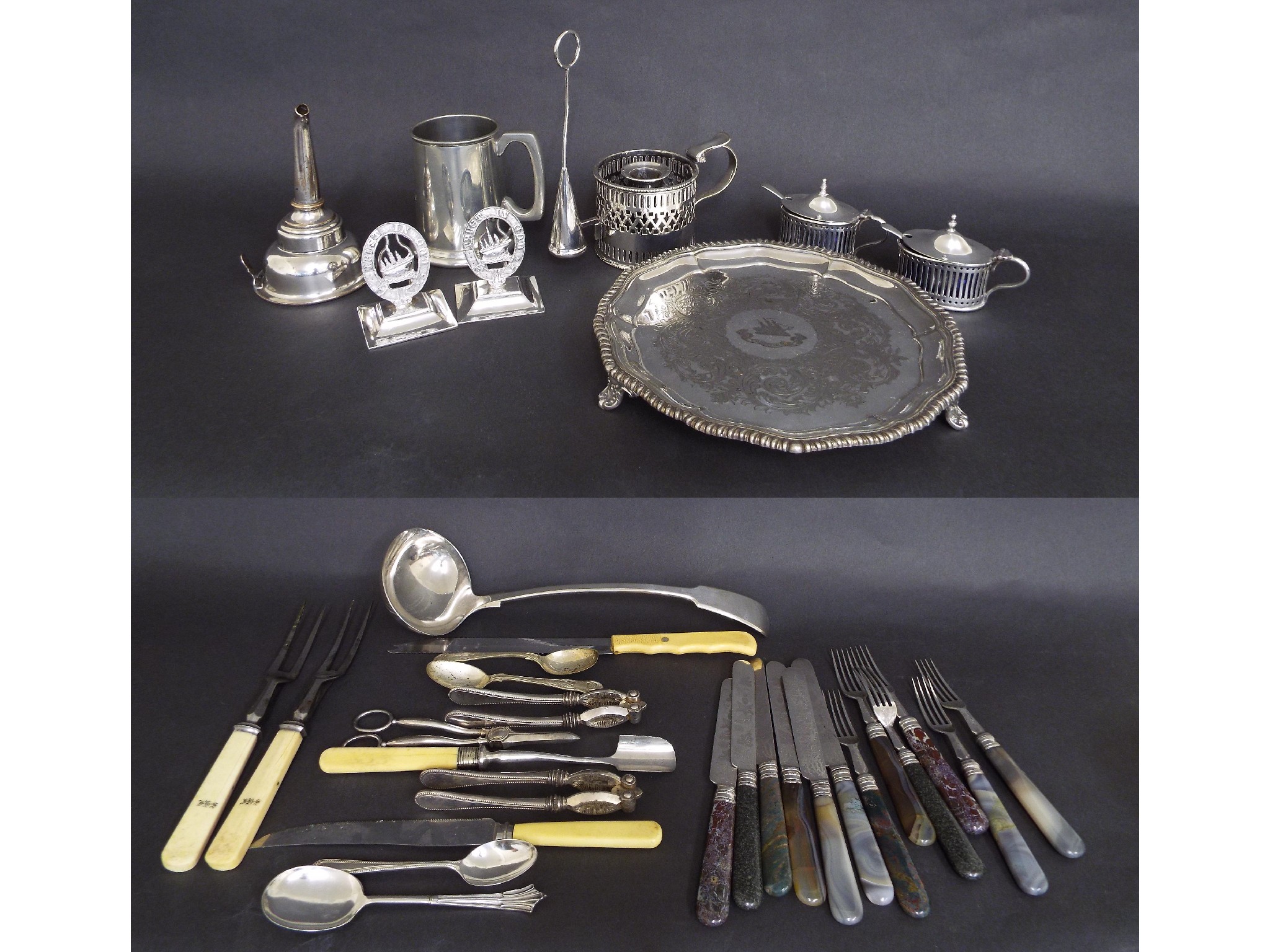 Appraisal: Collection of silver plate to include wine funnel two Regency