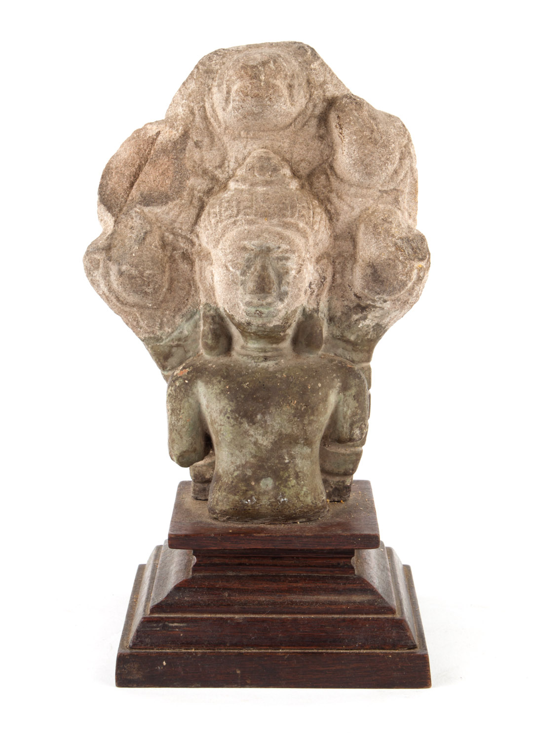 Appraisal: Khmer carved sandstone figure of a Buddhist saint backed by