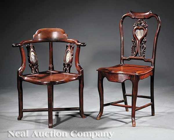 Appraisal: Two Chinese Export Carved Hardwood and Marble Inset Chairs one