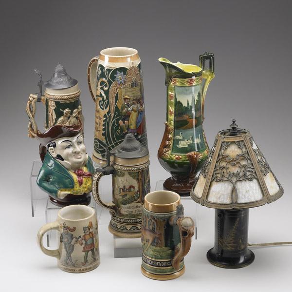 Appraisal: POTTERY AND GLASS LOT Eight pieces include five steins two