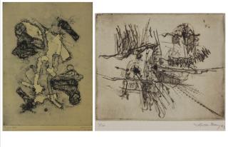 Appraisal: Two Vintage Abstract Signed Etchings Good condition Largest frame measures