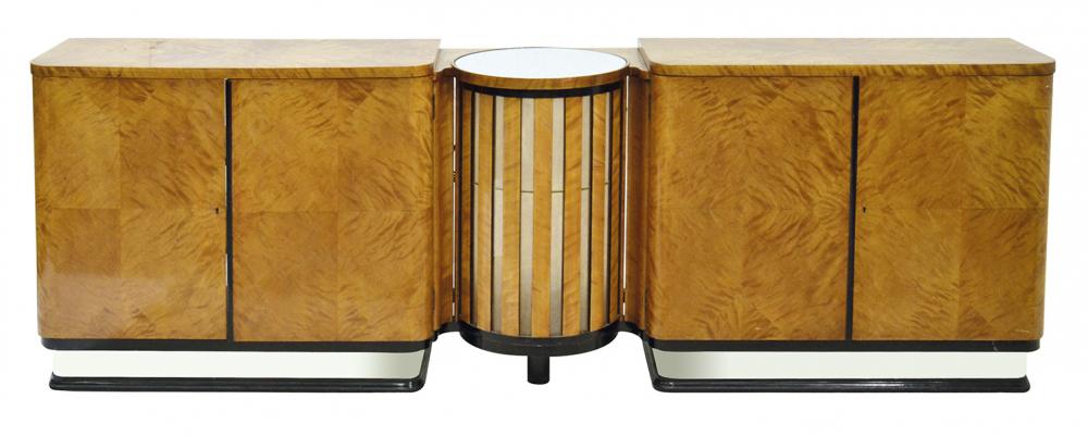 Appraisal: AN ART DECO BLONDE WOOD TWO SECTIONAL SIDEBOARD WITH A