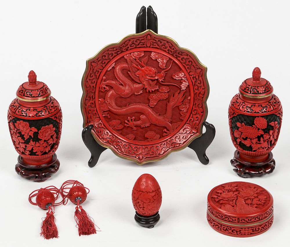 Appraisal: Collection of Chinese Cinnabar Carvings Collection of Chinese Cinnabar Carvings