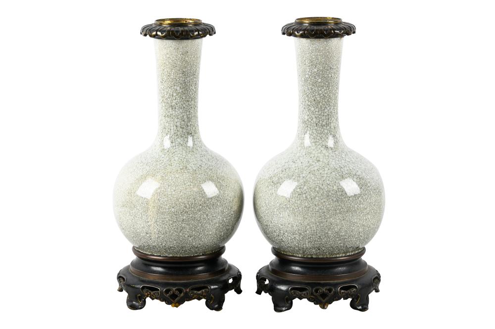 Appraisal: PAIR OF CRACKLE GLAZED CHINESE PORCELAIN VASESmounted as table lamps