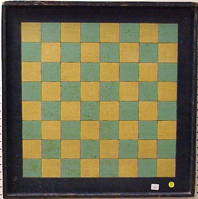 Appraisal: Carved and painted checkers gameboard green and yellow squares navy