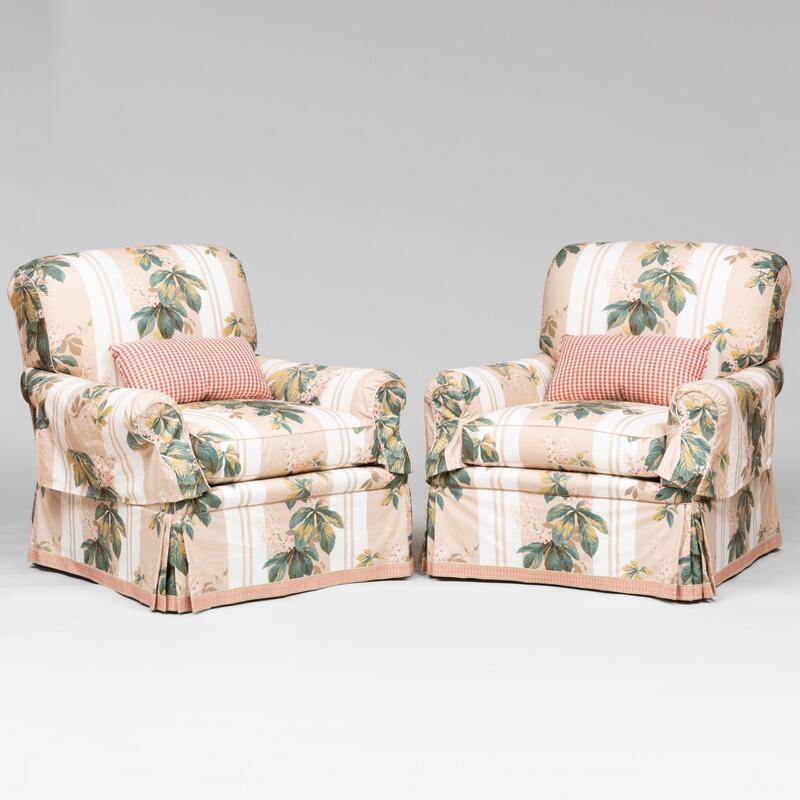 Appraisal: Pair of Large Floral Cotton Upholstered Club Chairs x x