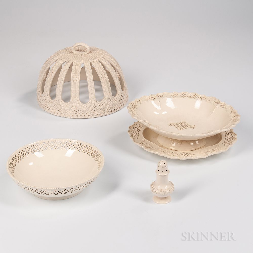 Appraisal: Four Reticulated Staffordshire Press-molded Creamware Table Items Four Reticulated Staffordshire