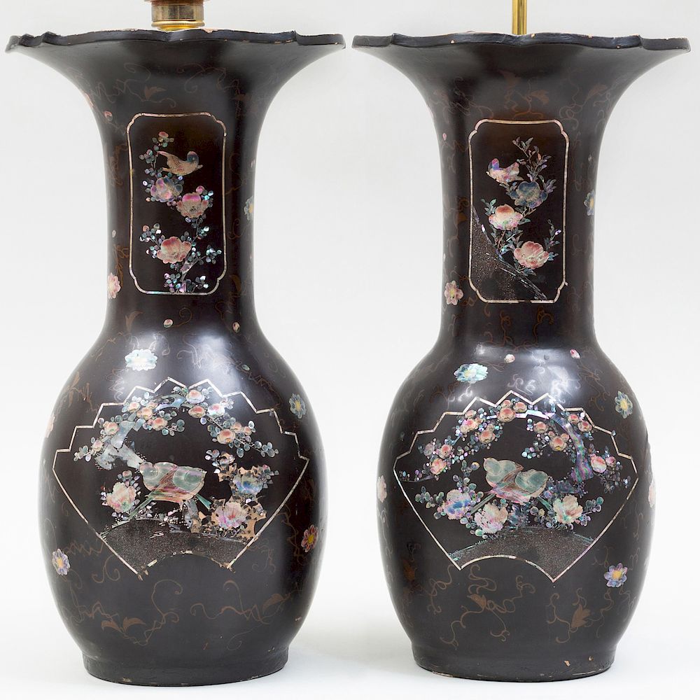 Appraisal: Pair of Japanese Lac Burgaut Style Vases Now mounted as