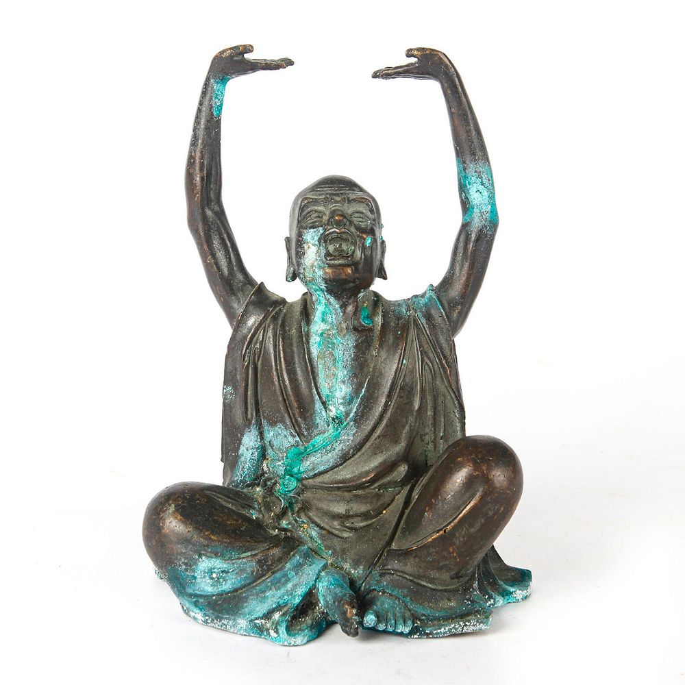 Appraisal: BRONZE BUDDHIST MONK LAUGHING WITH ARMS LIFTED Solid bronze figure