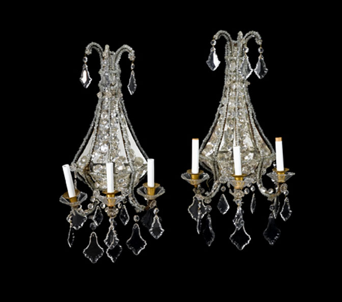 Appraisal: Pair of beaded glass and mirrored three-light wall lights Each