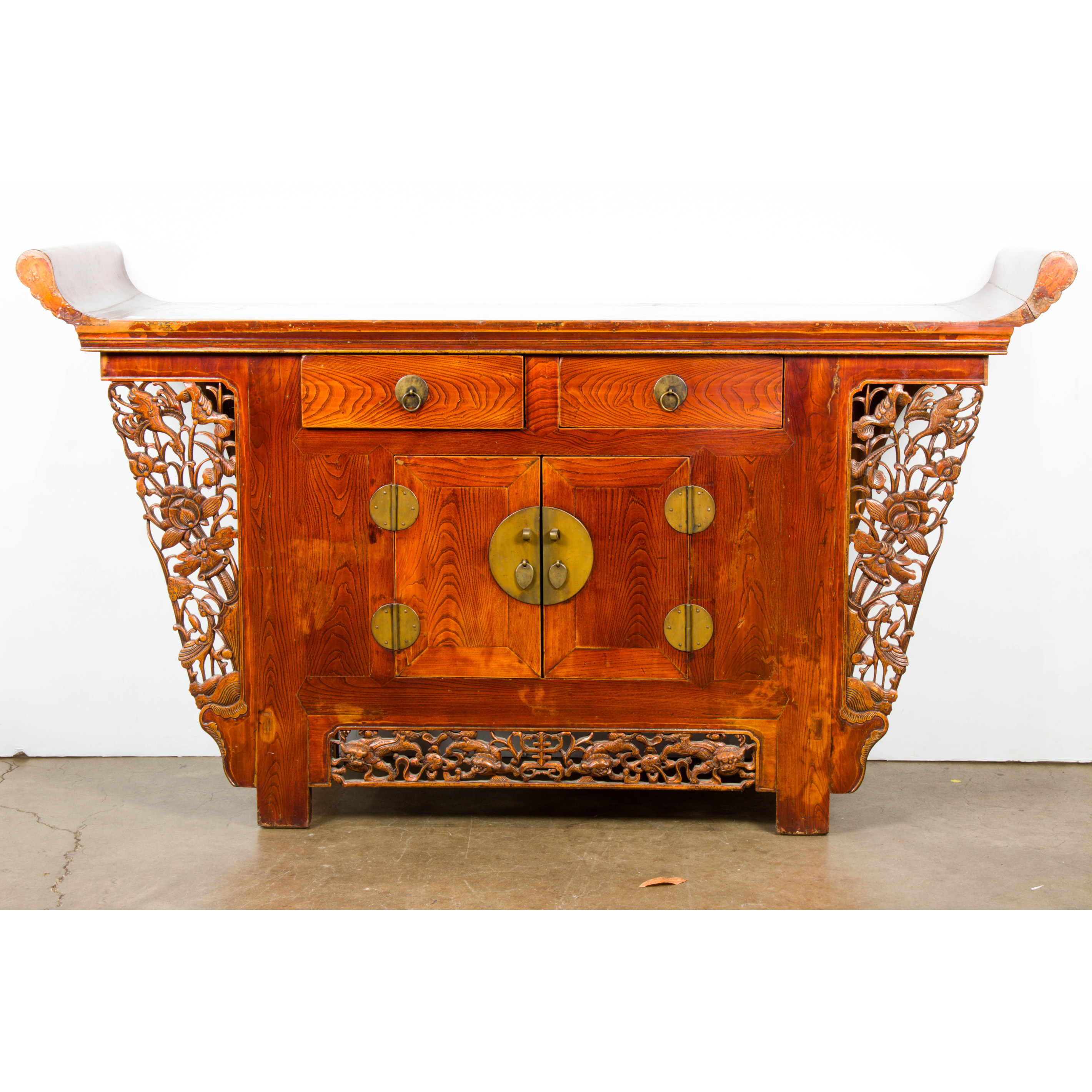 Appraisal: CHINESE ELM ALTER COFFER Chinese elm alter coffer with carved