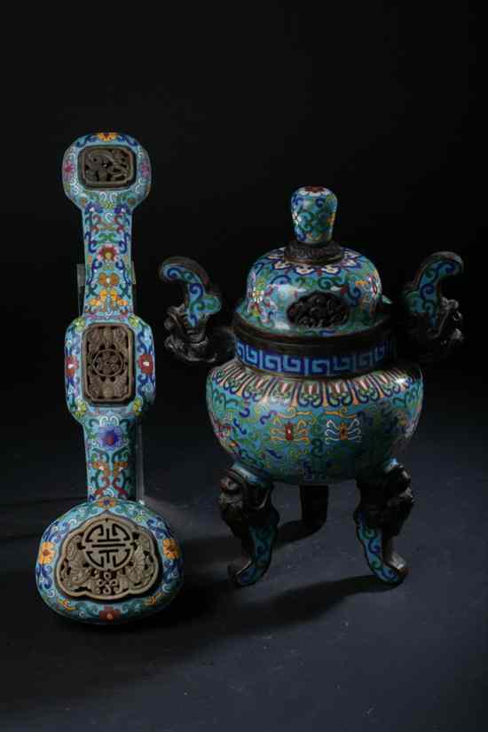 Appraisal: CHINESE CLOISONN ENAMEL CENSER AND RUYI SCEPTRE Floral decoration -