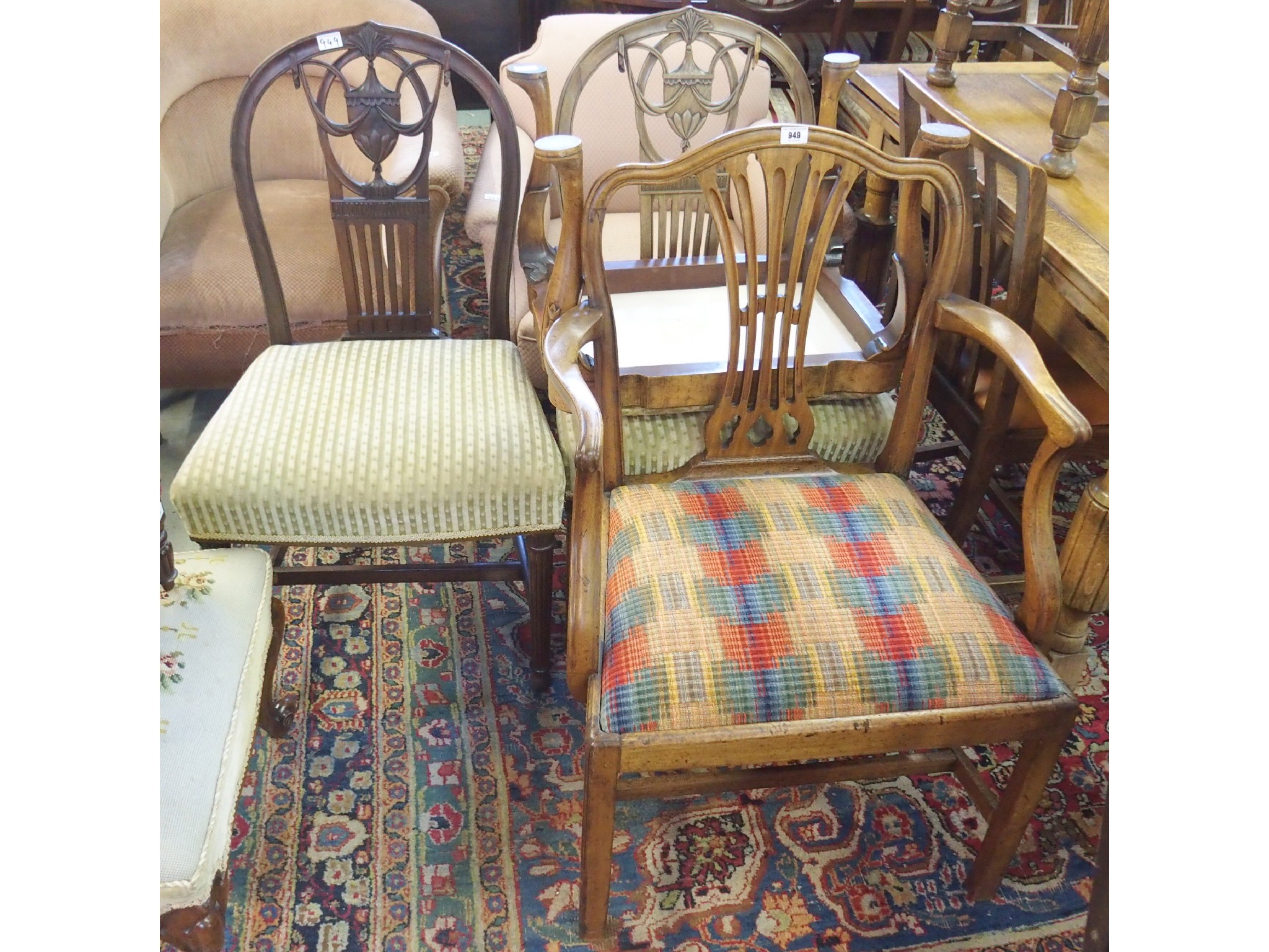 Appraisal: Two dining chairs and armchair and a walnut footstool