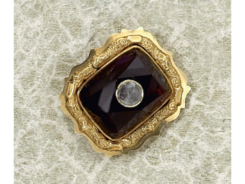 Appraisal: AMETHYST AND DIAMOND BROOCH Antique yellow gold square brooch with