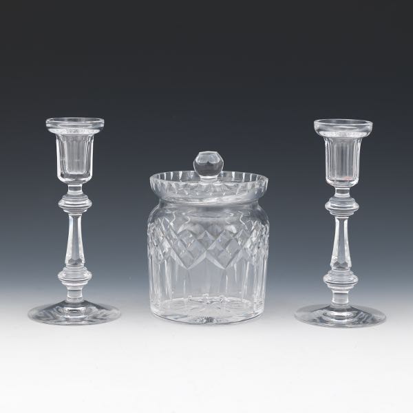 Appraisal: WATERFORD CUT CRYSTAL LIDDED COOKIE JAR AND PAIR OF CANDLESTICKS