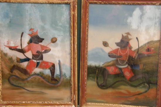 Appraisal: Pair of reverse paintings on glass Indian depicting a figure