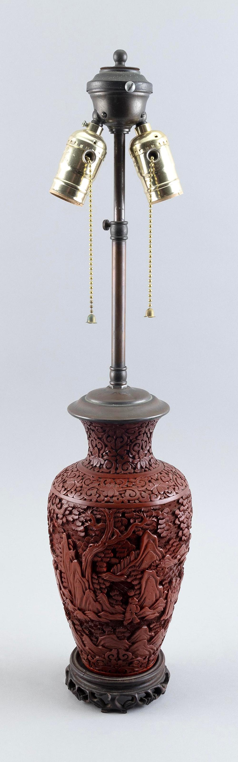 Appraisal: CHINESE CARVED CINNABAR BALUSTER VASE MOUNTED AS A TABLE LAMP