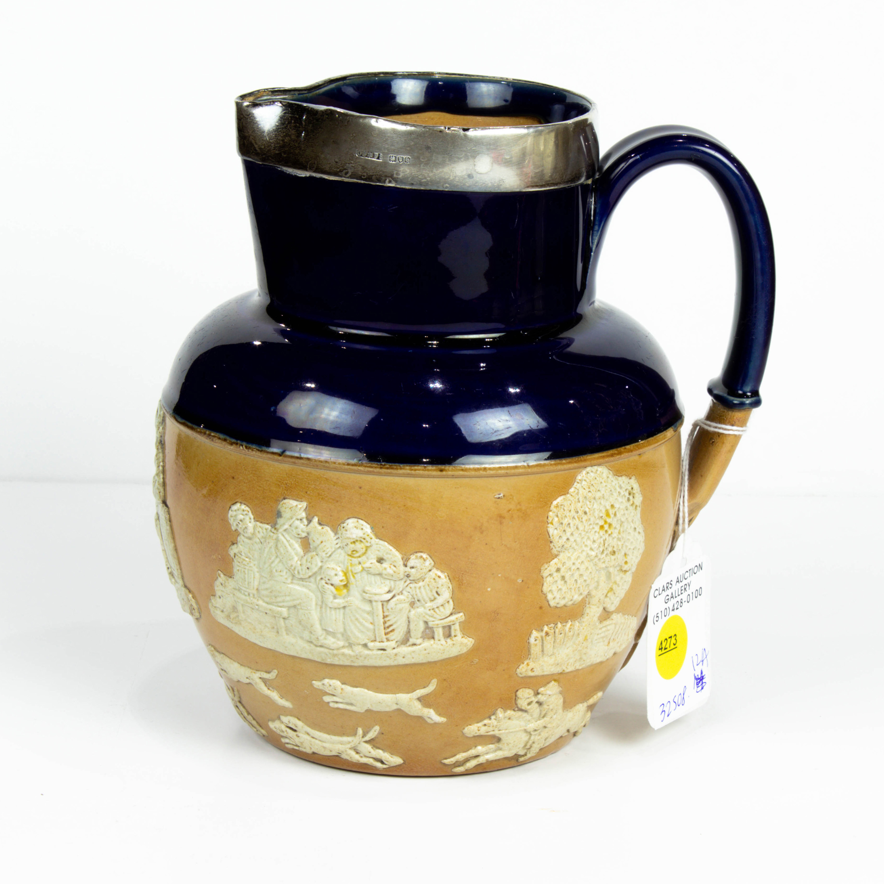 Appraisal: DOULTON LAMBETH STERLING MOUNTED POTTERY PITCHER Doulton Lambeth sterling mounted