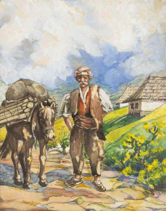 Appraisal: Artist Unknown th century Peasant and Donkey watercolor on paper