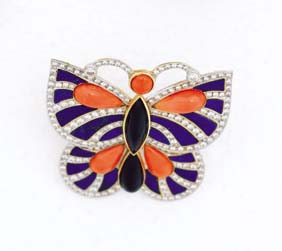 Appraisal: DIAMOND LAPIS CORAL AND ONYX BUTTERFLY Diamond lapis coral and