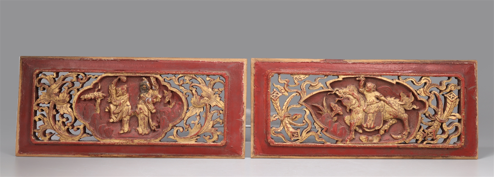 Appraisal: Two antique Chinese circa openwork carved gilt and lacquer panels