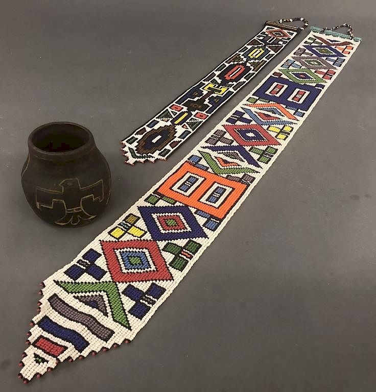 Appraisal: Indigenous American Pot and Beaded Wall Hangings Indigenous American sgraffito