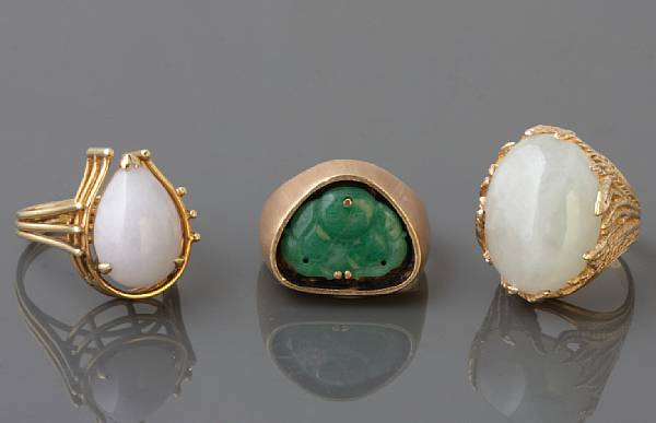 Appraisal: A collection of three jade and gold rings