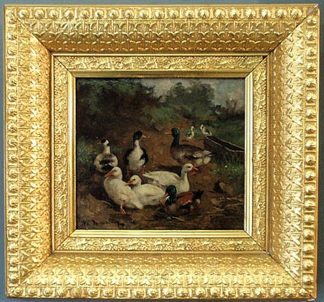 Appraisal: Oil on panel landscape painting with ducks signed R L