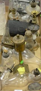 Appraisal: Two tray lots with oil lamps Betty lamps whale oil