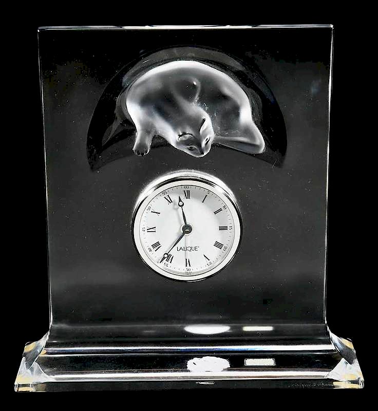 Appraisal: Lalique Frosted Desk Clock with molded frosted cat decoration engraved