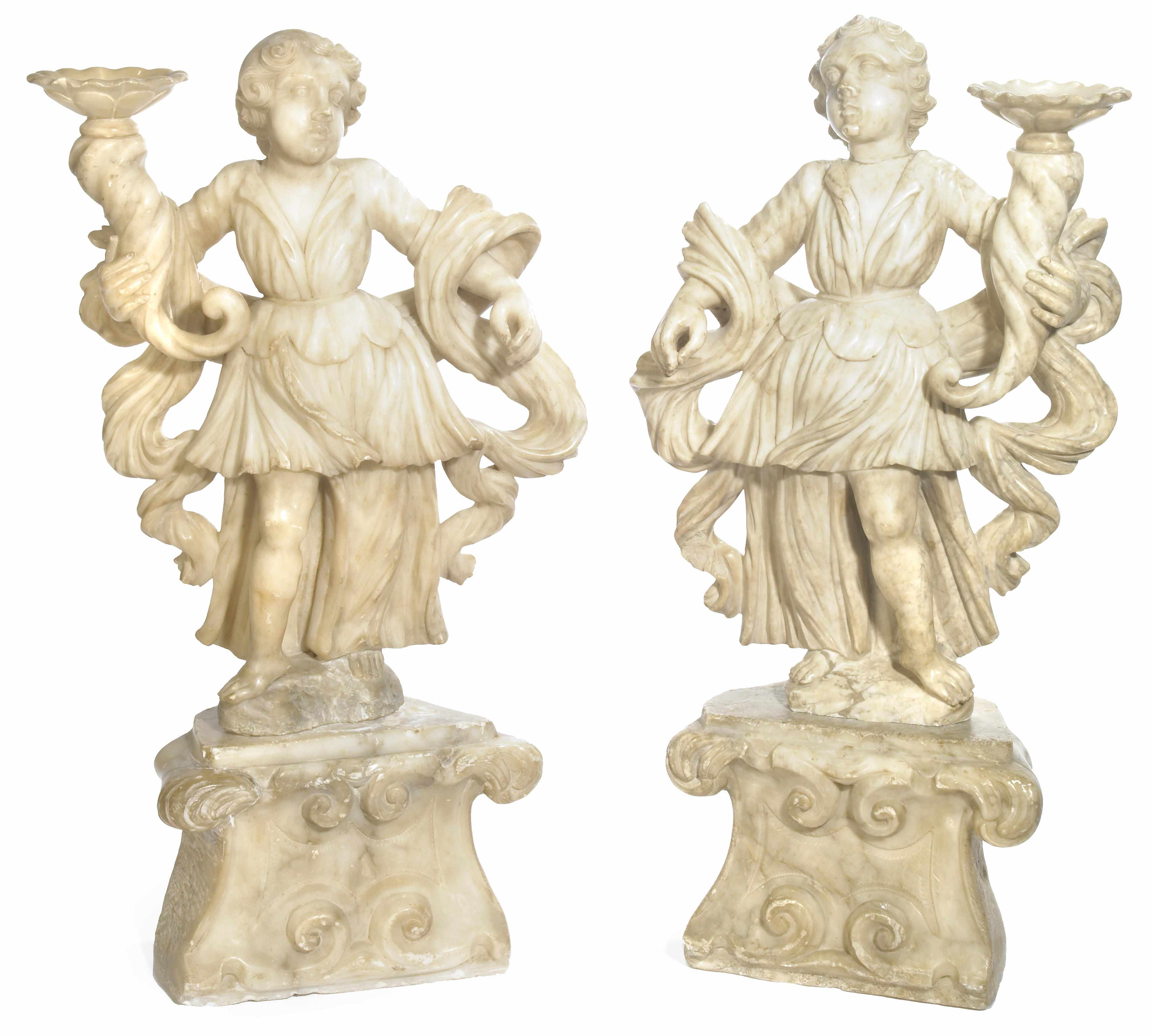 Appraisal: A pair of Italian Baroque carved alabaster angels first half