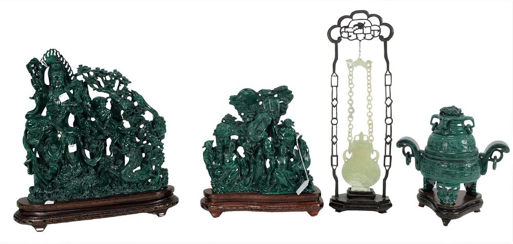 Appraisal: Four Piece Carved Malachite Group to include a censer with