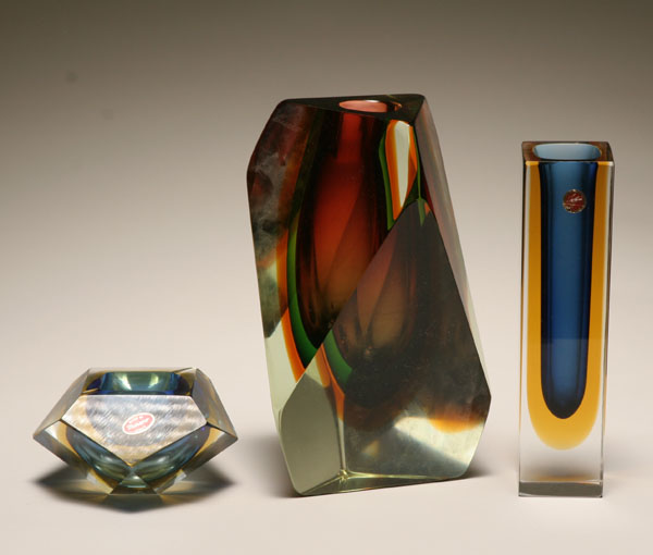 Appraisal: Three Murano Modern art glass sommerso rhomboid vases and ashtray