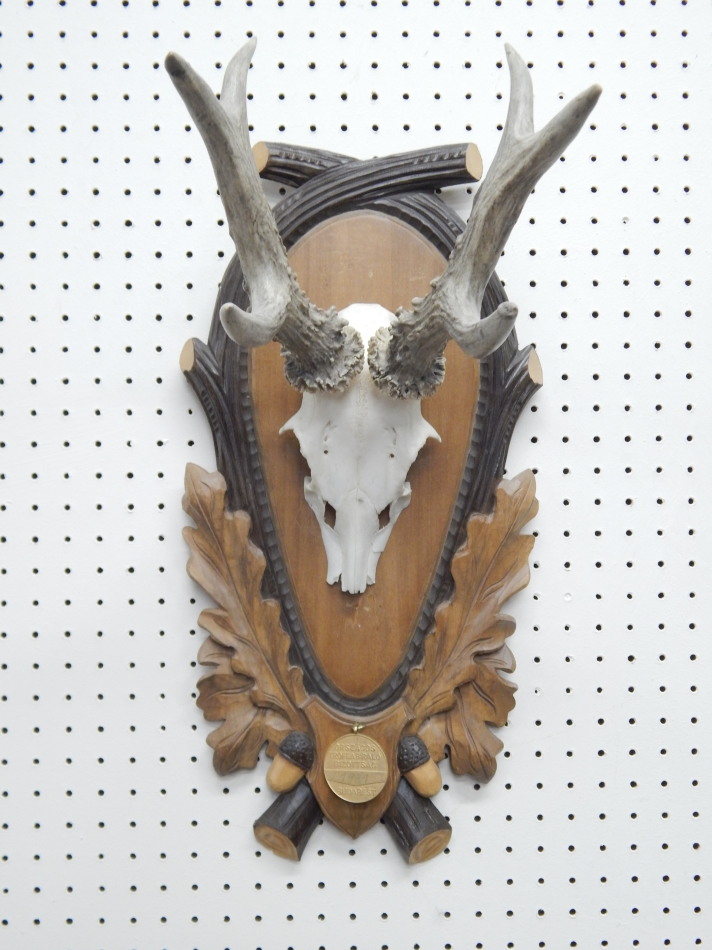 Appraisal: A pair of Hungarian deer horns mounted on a block